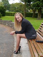 Cute Claire is outdoors in tall black high heel shoes and sexy nylons showing off her lovely long legs